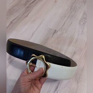 Vtg made in France designer Black and White Belt with Gold Buckle by Guy Laroche